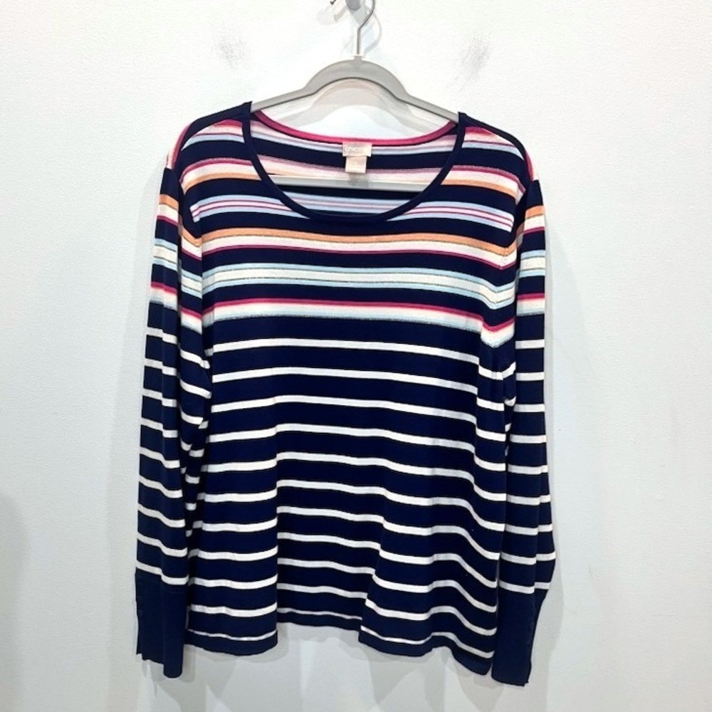 Chicos Multi Colored Striped Button Sleeve Pullover Sweater Size 4 or XXL